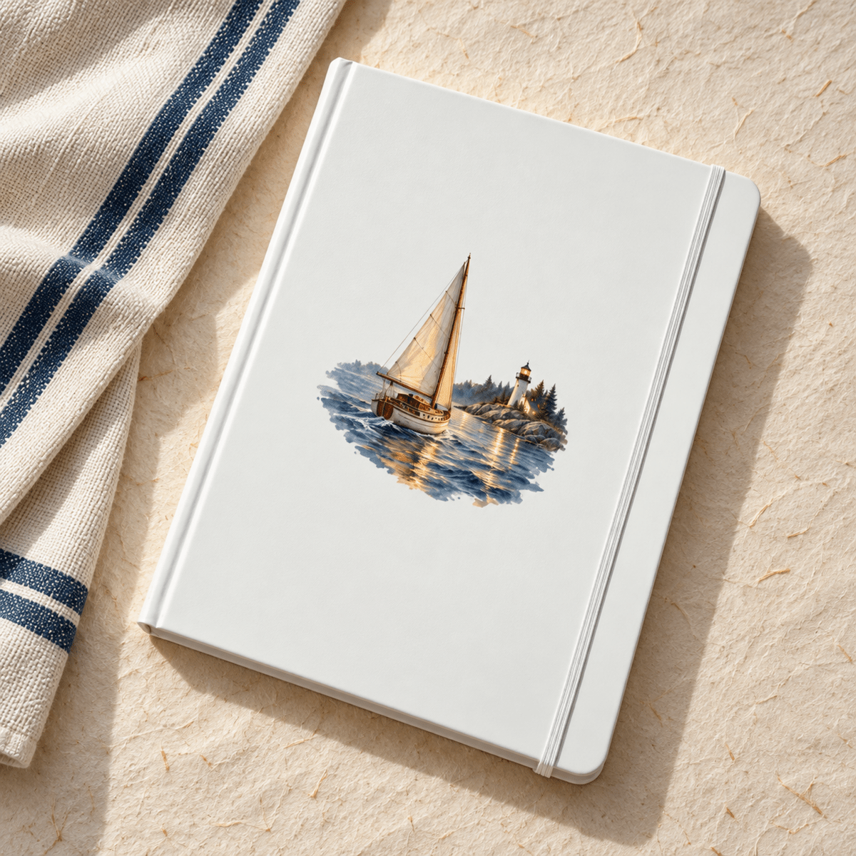 A white The Long Way Home A5 Journal by Mirabilia Boutique featuring a watercolor illustration of a sailboat near a lighthouse on the cover.