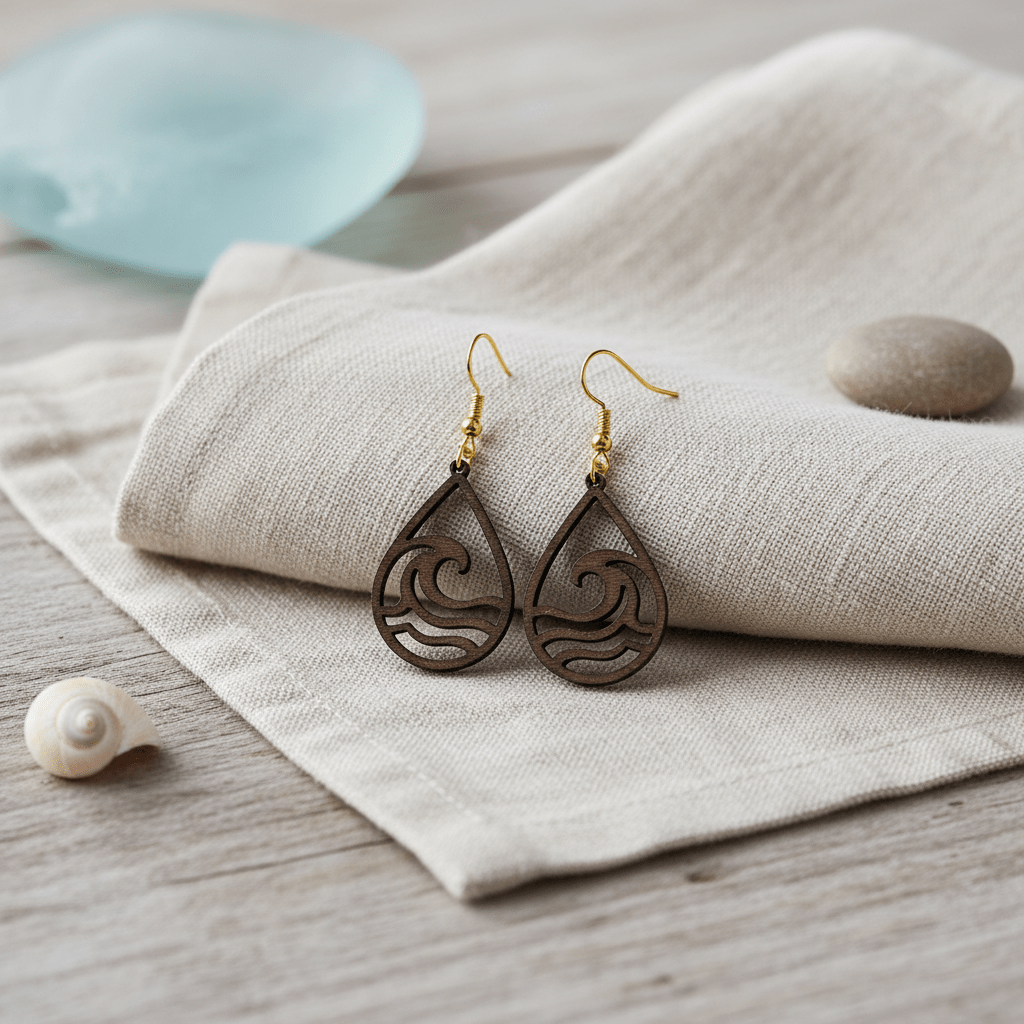 The Wave Teardrop Earrings by Mirabilia Boutique, crafted from lasercut walnut wood with gold accents, rest on a beige cloth beside a stone, shell, and sea glass—beautiful ocean-inspired jewelry for any occasion.