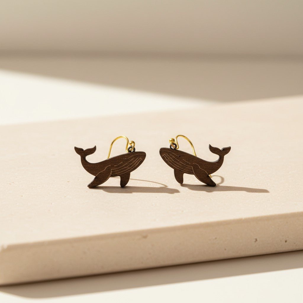 Mirabilia Boutique’s Humpback Whale Earrings are lasercut from dark walnut wood with gold hooks—an ideal gift for ocean lovers. Shown on a light beige background in soft natural light.