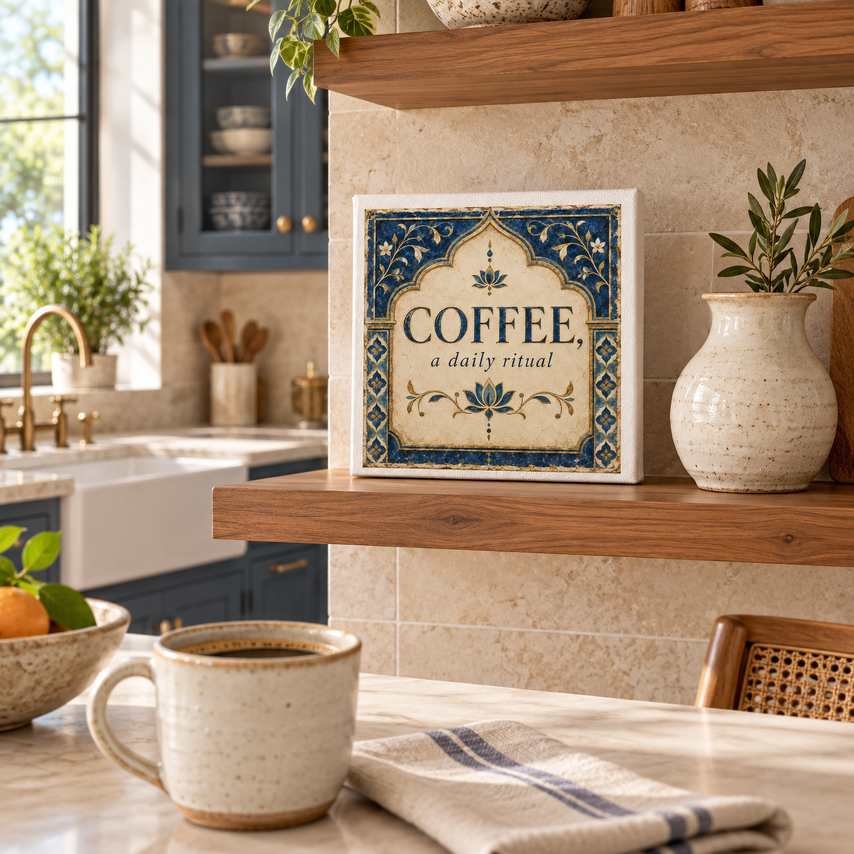 A cozy kitchen setting featuring the “Coffee, A Daily Ritual” 8x8 Canvas Coffee Bar Sign by Mirabilia Boutique (Lapis & Lotus), displayed on a shelf alongside pottery, lush greenery, a steaming cup of coffee, and a striped towel—perfect inspiration for kitchen wall art or a thoughtful coffee-themed decor accent.