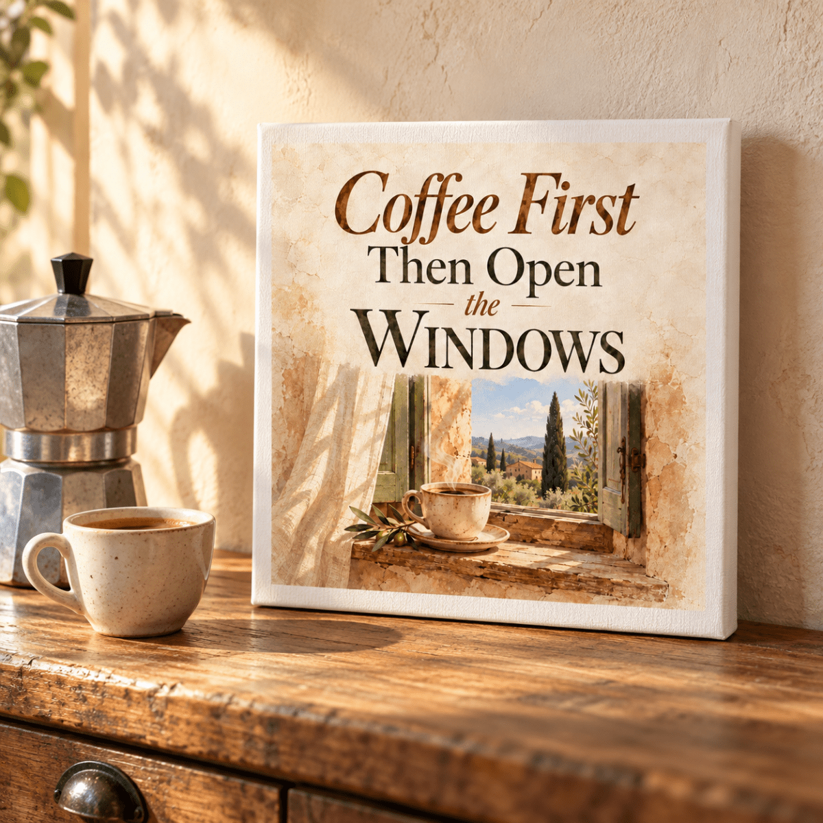 A Coffee First Coffee Bar Sign by Mirabilia Boutique sits on a wooden counter next to a coffee cup and a stovetop espresso maker, reading “Coffee First Then Open the WINDOWS.”