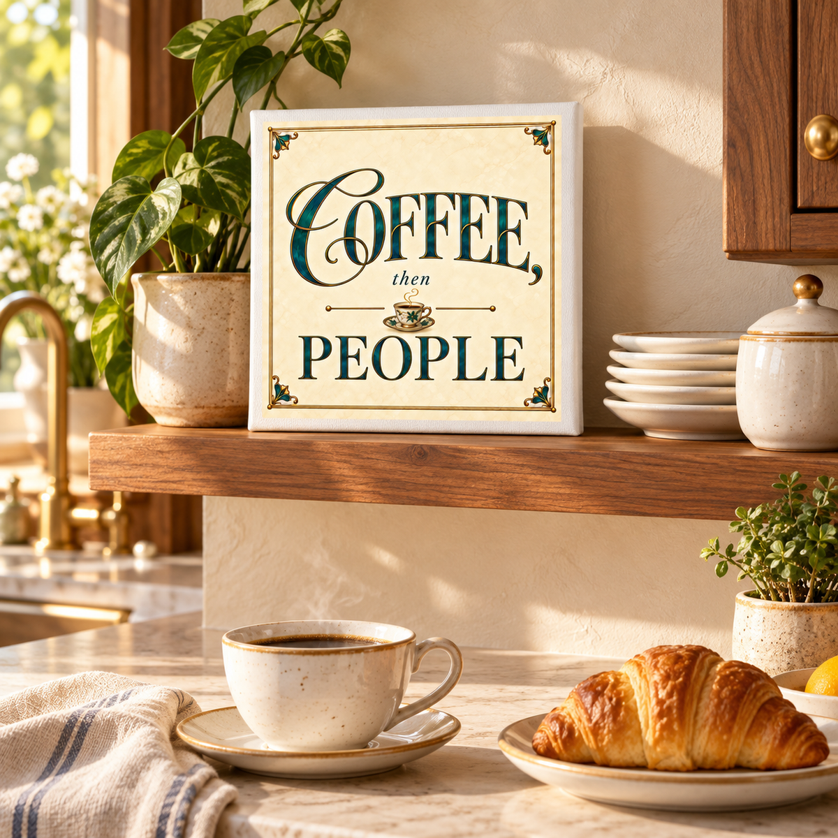 A welcoming kitchen scene featuring the “Coffee, Then People” 8x8 Canvas Coffee Bar Sign by Mirabilia Boutique (Gilded Reverie Collection), surrounded by lush plants, dishes, a steaming cup of coffee, and a croissant on a sunlit plate—perfectly styled with coffee bar decor and vintage-inspired wall art accents.