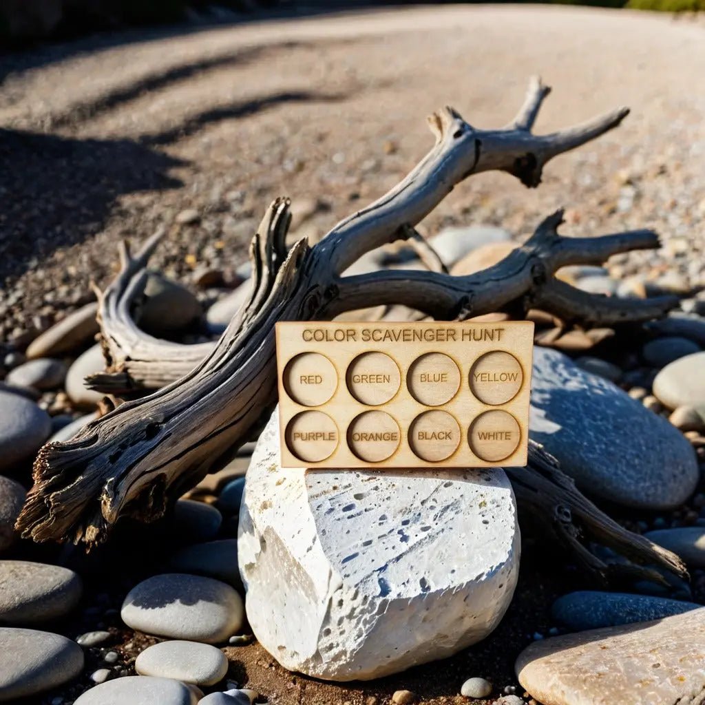 The Mirabilia Boutique Wooden Color Scavenger Hunt Board is a Montessori outdoor toy for kids—a laser engraved, reusable, screen-free game that encourages nature play and exploration along sunlit paths.
