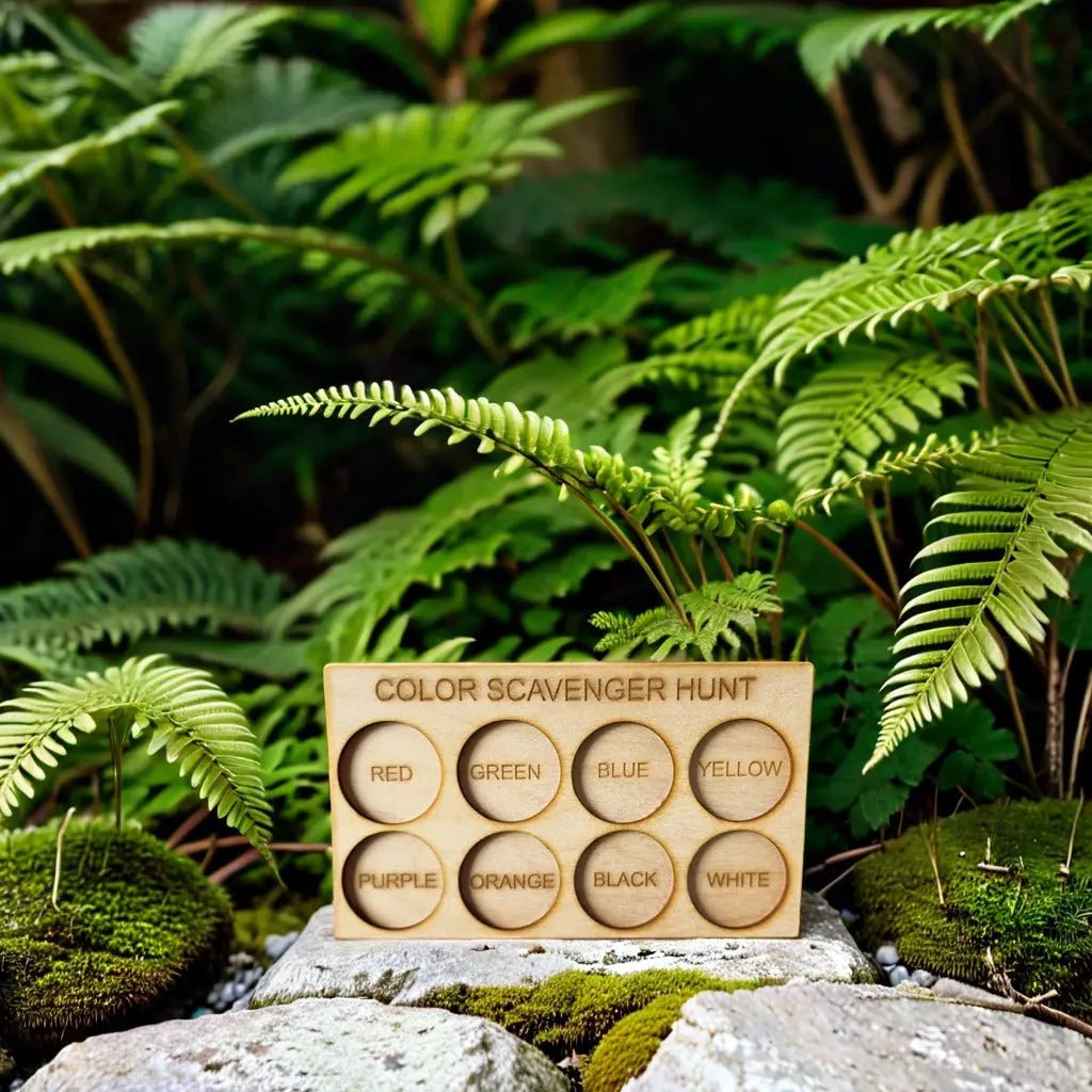 The Mirabilia Boutique Wooden Color Scavenger Hunt Board is a laser-engraved, reusable Montessori outdoor toy for kids—perfect for nature activities and screen-free play among ferns and mossy rocks.