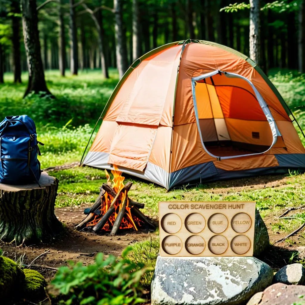 An orange tent stands in a forest clearing near a campfire. A blue backpack rests on a stump, and the Mirabilia Boutique Wooden Color Scavenger Hunt Board, a reusable Montessori outdoor toy for kids, is on the ground in front of the tent.