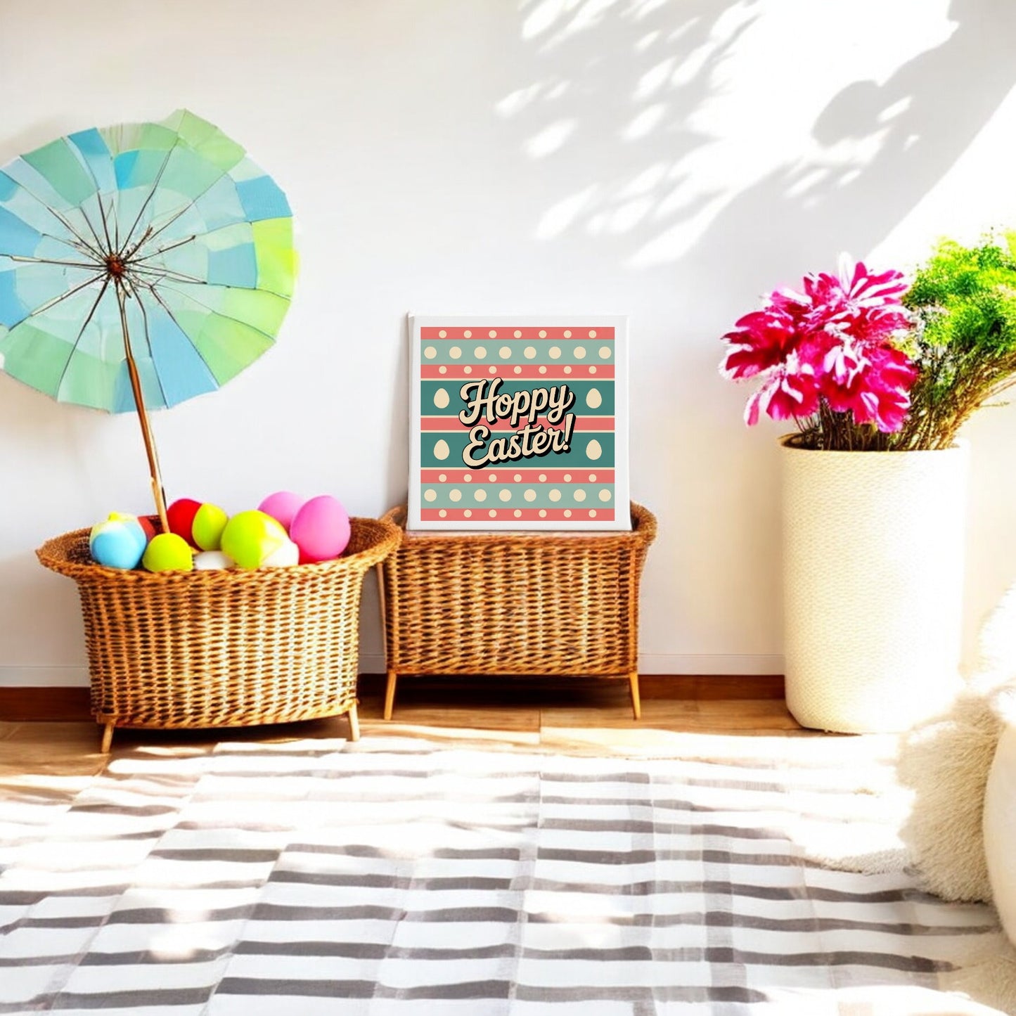 A bright room features Mirabilia Boutique's Hoppy Easter Canvas – Retro 8x8 Spring Wall Art, a striped rug, vibrant pink flowers in a tall white vase, a parasol, and a basket of Easter eggs—sunlight adds cheerful charm.
