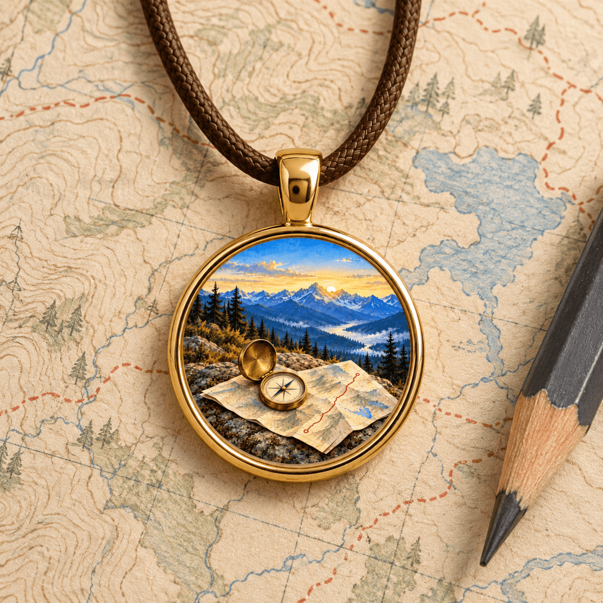 The Trail Before Dawn | Story Pendant Necklace from Mirabilia Boutique, a gold-framed pendant featuring a miniature mountain landscape painting, rests on a vintage map next to a compass, a rock, and a pencil.
