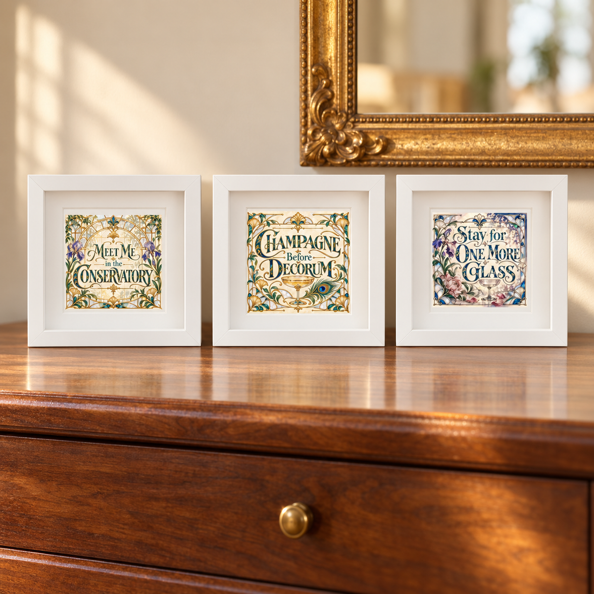 Elevate your home bar decor with the Conservatory After Hours 5x5 Shadowbox Trio from Mirabilia Boutique. Featuring three framed decorative prints, each bordered with florals and inscribed with “Meet Me in the Conservatory,” “Champagne Before Decorum,” and “Stay for One More Glass,” this Gilded Reverie collection brings elegant charm to any setting—a look beautifully reflected by a mirror on a wooden dresser.