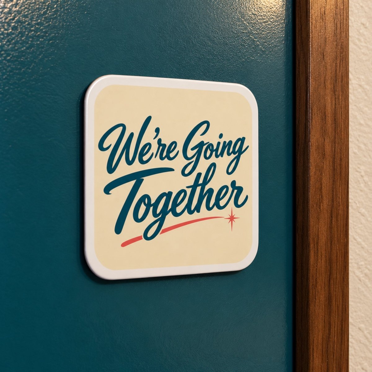 Square hardboard We’re Going Together Magnet | Chrome & Starlight with rounded corners featuring teal script text “We’re Going Together” over a cream background, accented by a small red star and line.