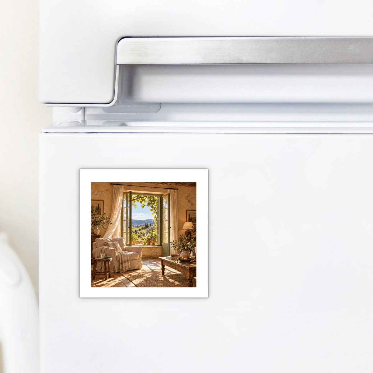 The Windows Are Open Art Magnet by Mirabilia Boutique on a white refrigerator, featuring a square print of a sunlit sitting room with an open window overlooking a countryside landscape.