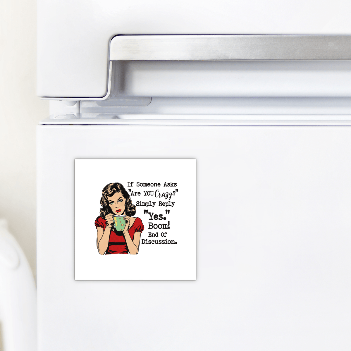 The Mirabilia Boutique Funny “Are You Crazy?” Magnet is a 3x3 retro UV printed fridge magnet—featuring sassy text—ideal as a humorous gift for friends or coworkers’ kitchens.