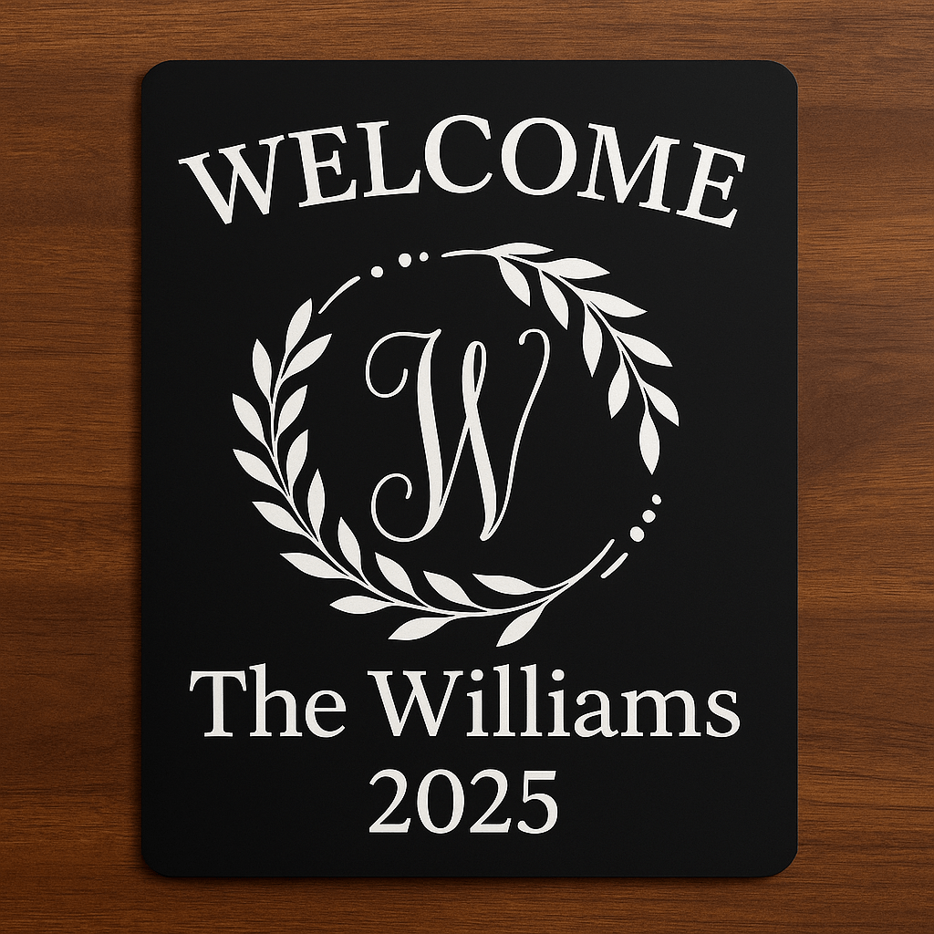The Mirabilia Boutique Personalized Welcome Garden Sign features a black finish, white "WELCOME" text, a decorative "W" in a laurel wreath, and "The Williams 2025"—a unique Custom Family Yard Decor or perfect housewarming gift.