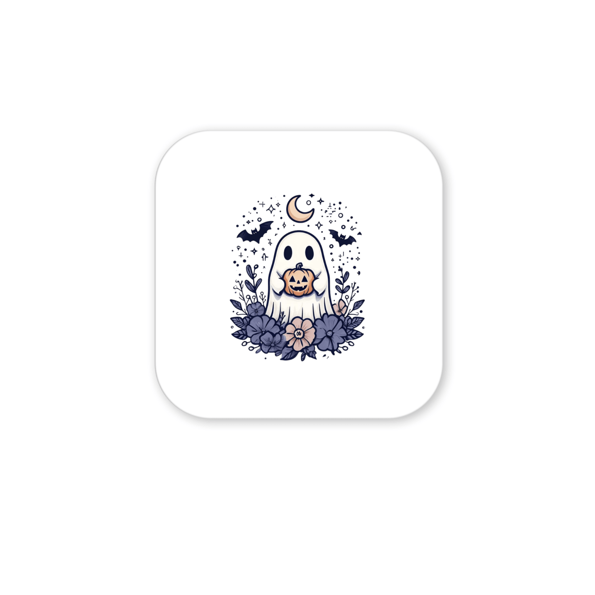 A cartoon dog in a ghost costume is surrounded by purple flowers, bats, stars, and a crescent moon on a white background—making the Mirabilia Boutique Cute Ghost Pumpkin Magnet | Whimsical Halloween Decor the perfect touch of whimsical seasonal style for your Halloween refrigerator decorations.