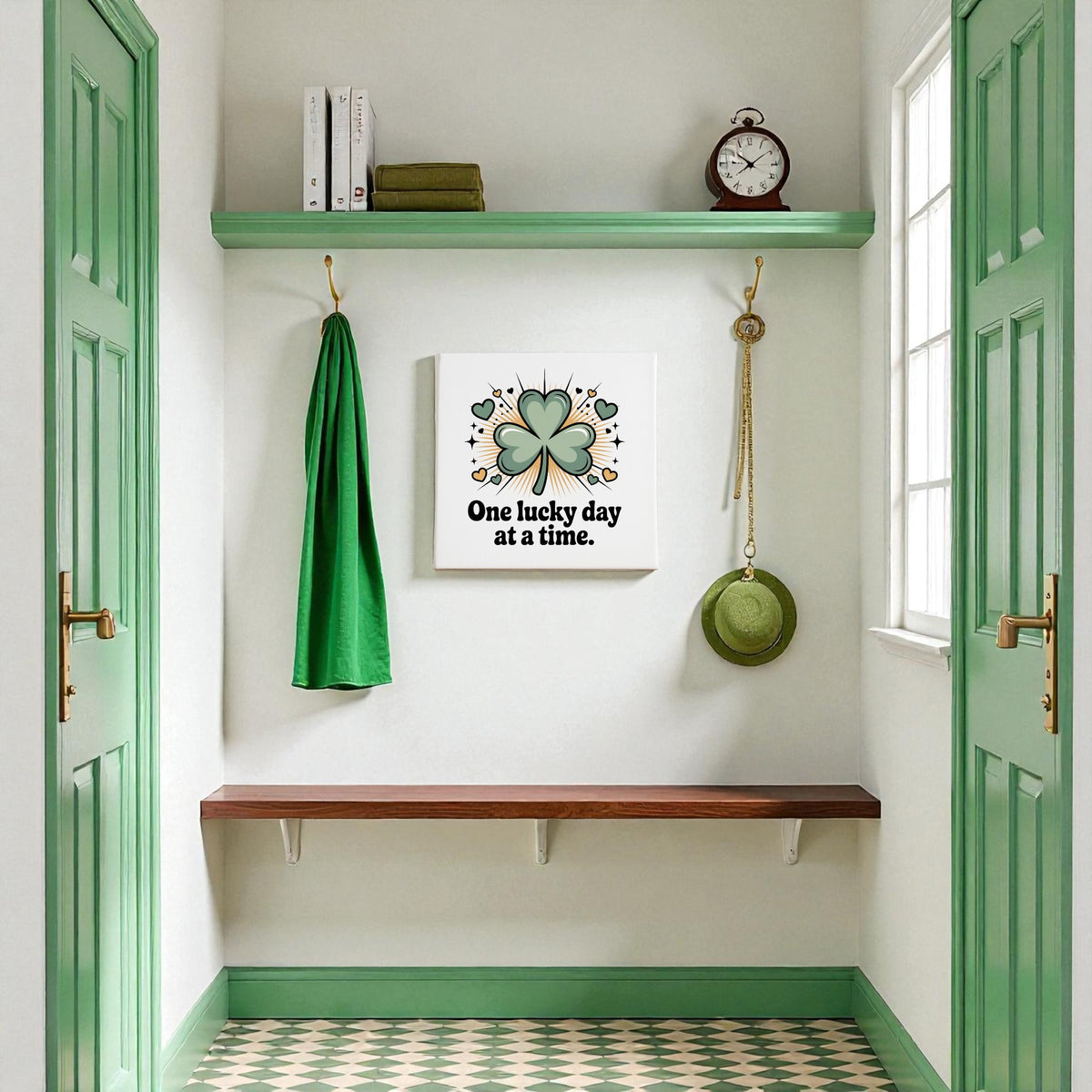 A hallway with green accents features a bench, shelves, clock, towels, coat, and hat. The Mirabilia Boutique "One Lucky Day at a Time" Canvas adds optimism, while the green checkered floor enhances the cheerful decor.