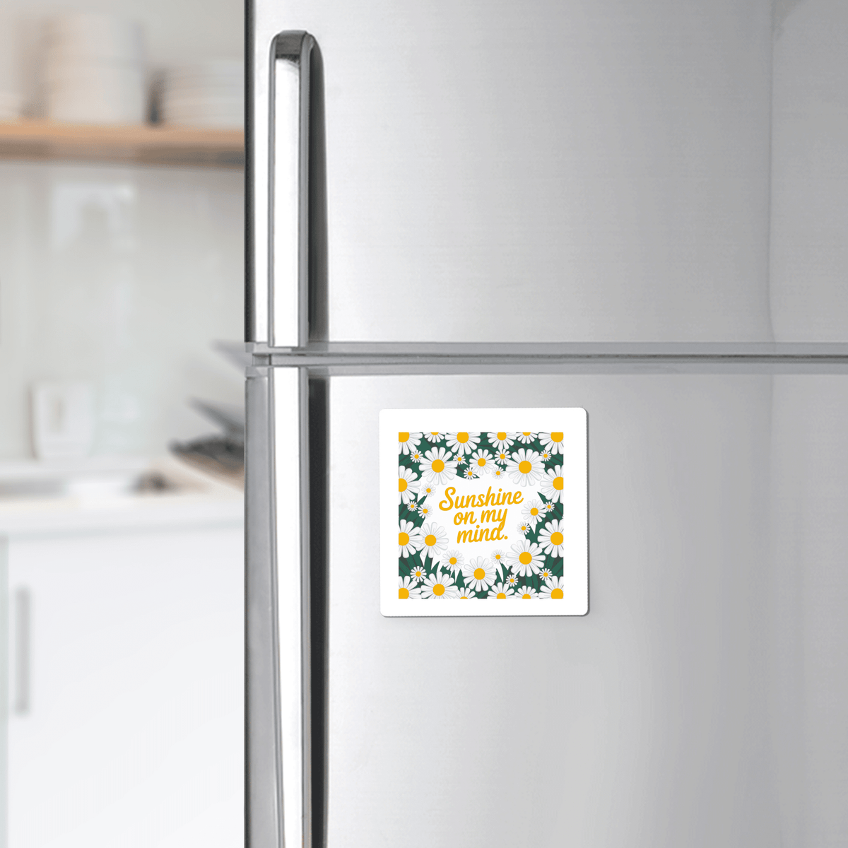 The Sunshine on My Mind Magnet – Daisy Floral Fridge Art from Mirabilia Boutique adds bright decor and a touch of charm to any refrigerator or kitchen.