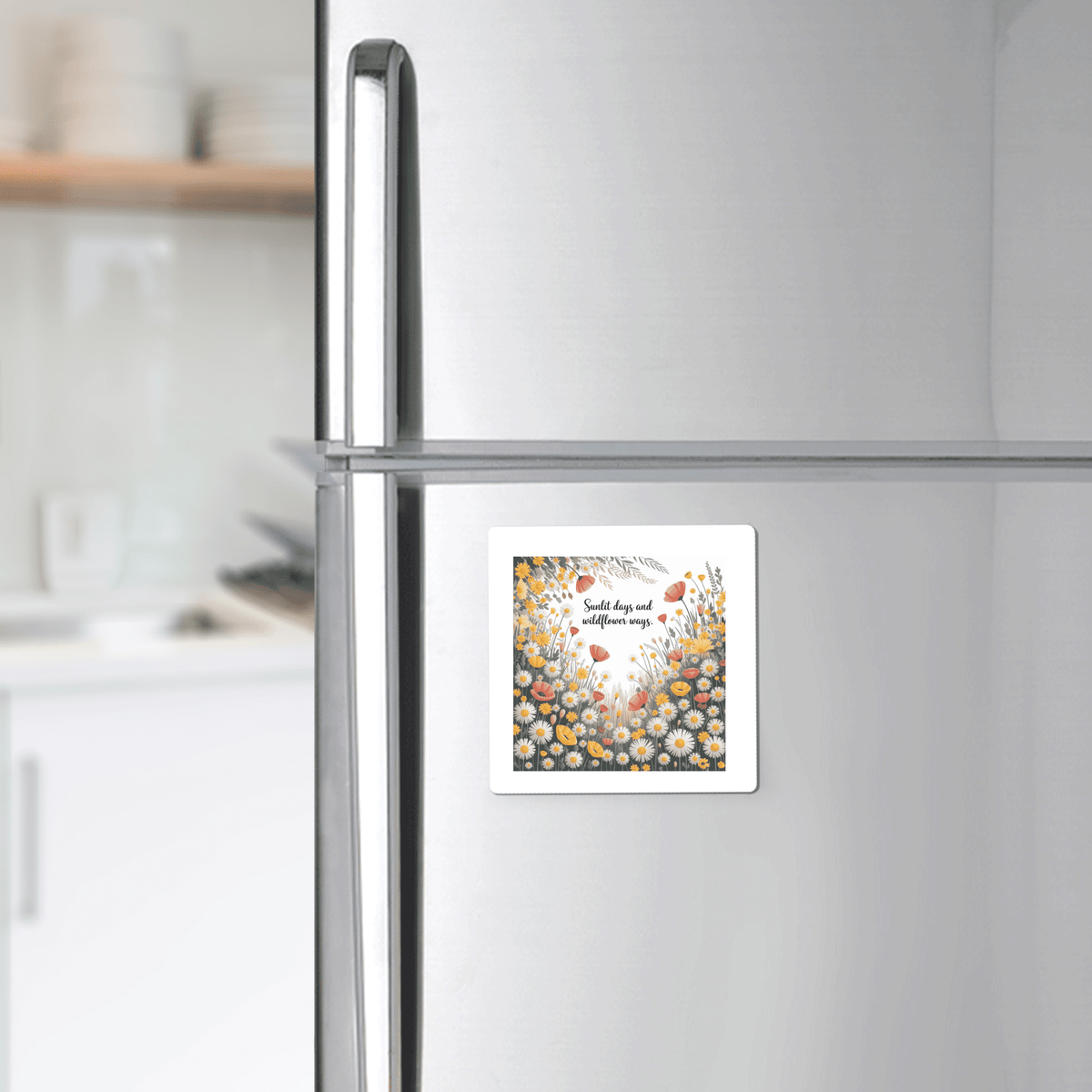 The Sunlit Days and Wildflower Ways Magnet by Mirabilia Boutique adds floral summer charm and inspiration to a silver fridge in a modern kitchen, with dishes on blurred shelves completing the fresh décor.