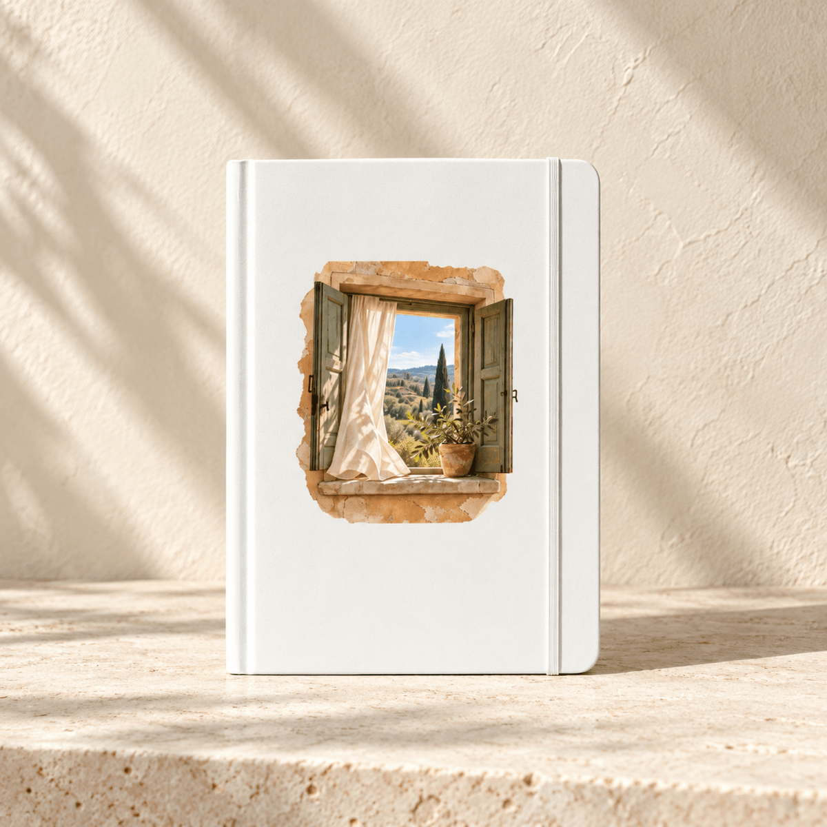 Days Still Becoming A5 Journal | Ochre & Cypress white journal featuring an illustration of an open window overlooking a countryside landscape with cypress trees.