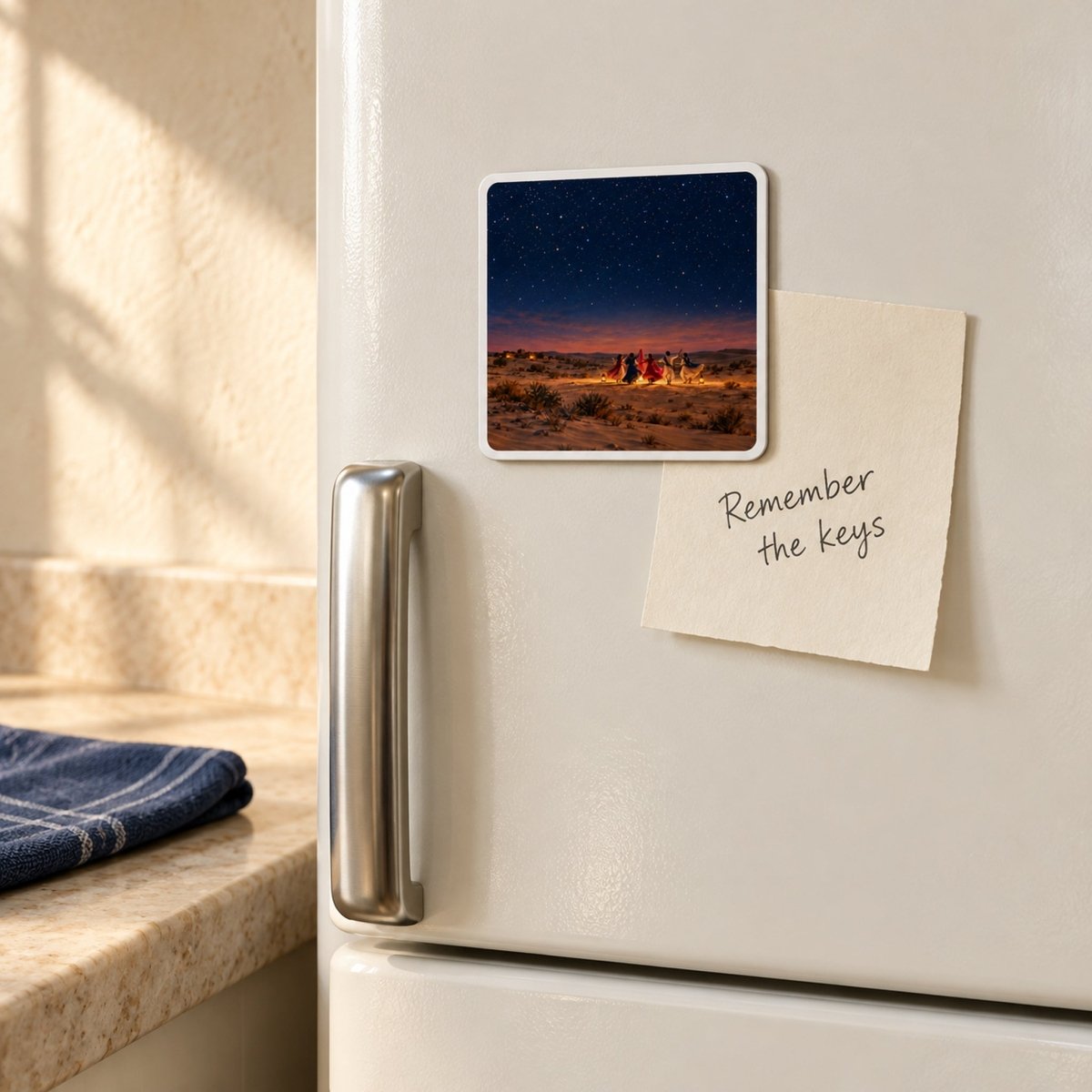 Square The Night We Danced Magnet by Mirabilia Boutique depicting people dancing around a campfire under a starry desert sky, stuck to a refrigerator next to a note that reads “Remember the keys.”
