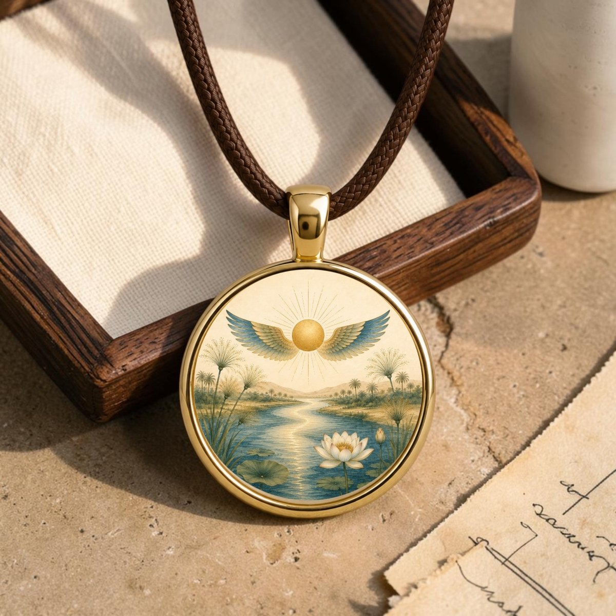 The Guidance | Story Pendant Necklace by Mirabilia Boutique features an illustration of a lotus flower on water, highlighted by a golden sun and blue wings. Presented on a beige cloth inside an elegant wooden box, this pendant comes with a brown cord and accompanying papers nearby, making it a meaningful addition to any jewelry collection.