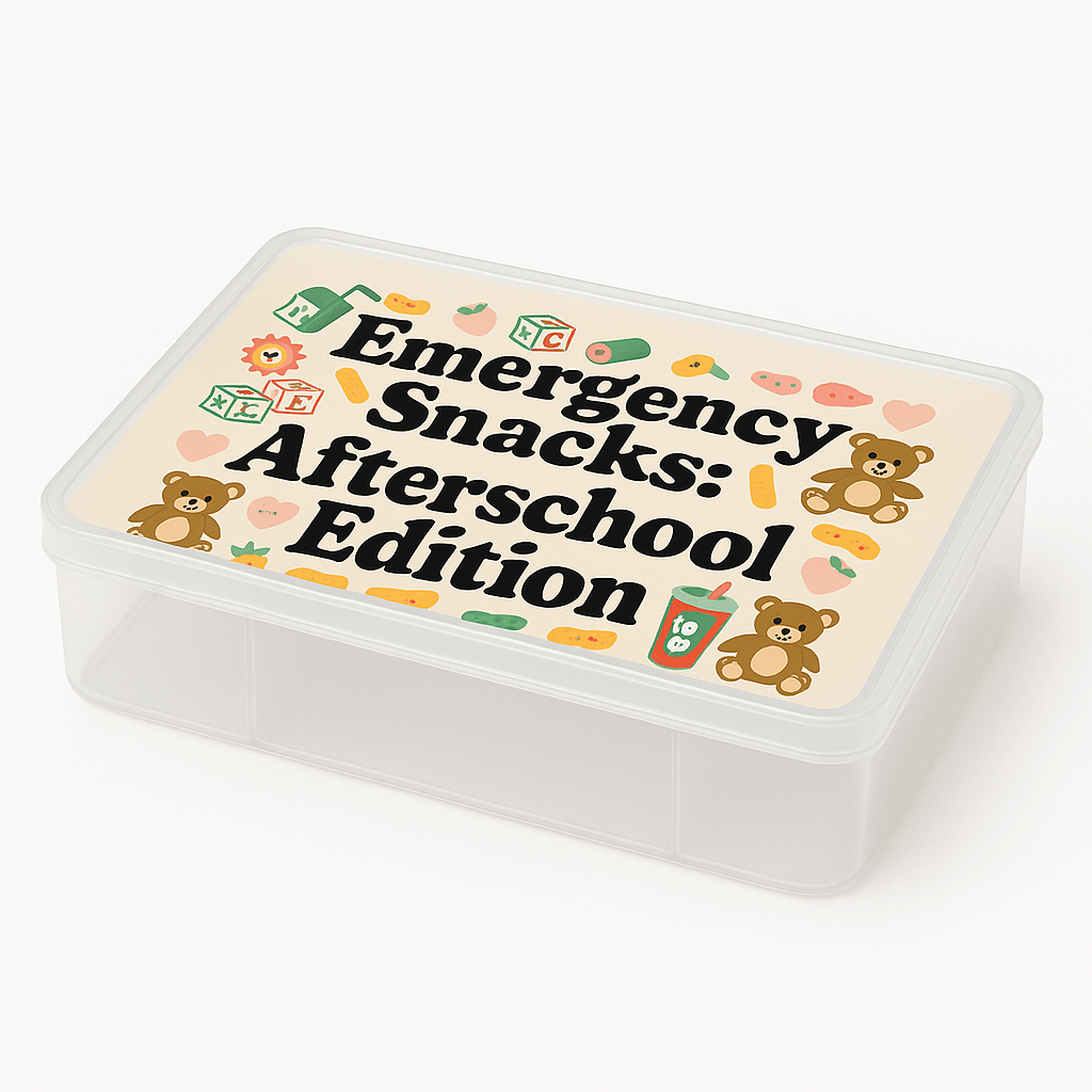 The Mirabilia Boutique Afterschool Snackbox for Kids | Emergency Snacks Organizer features a clear, reusable container with a lid labeled "Emergency Snacks: Afterschool Edition," decorated with cute teddy bears, blocks, and snacks—perfect for afterschool treats.