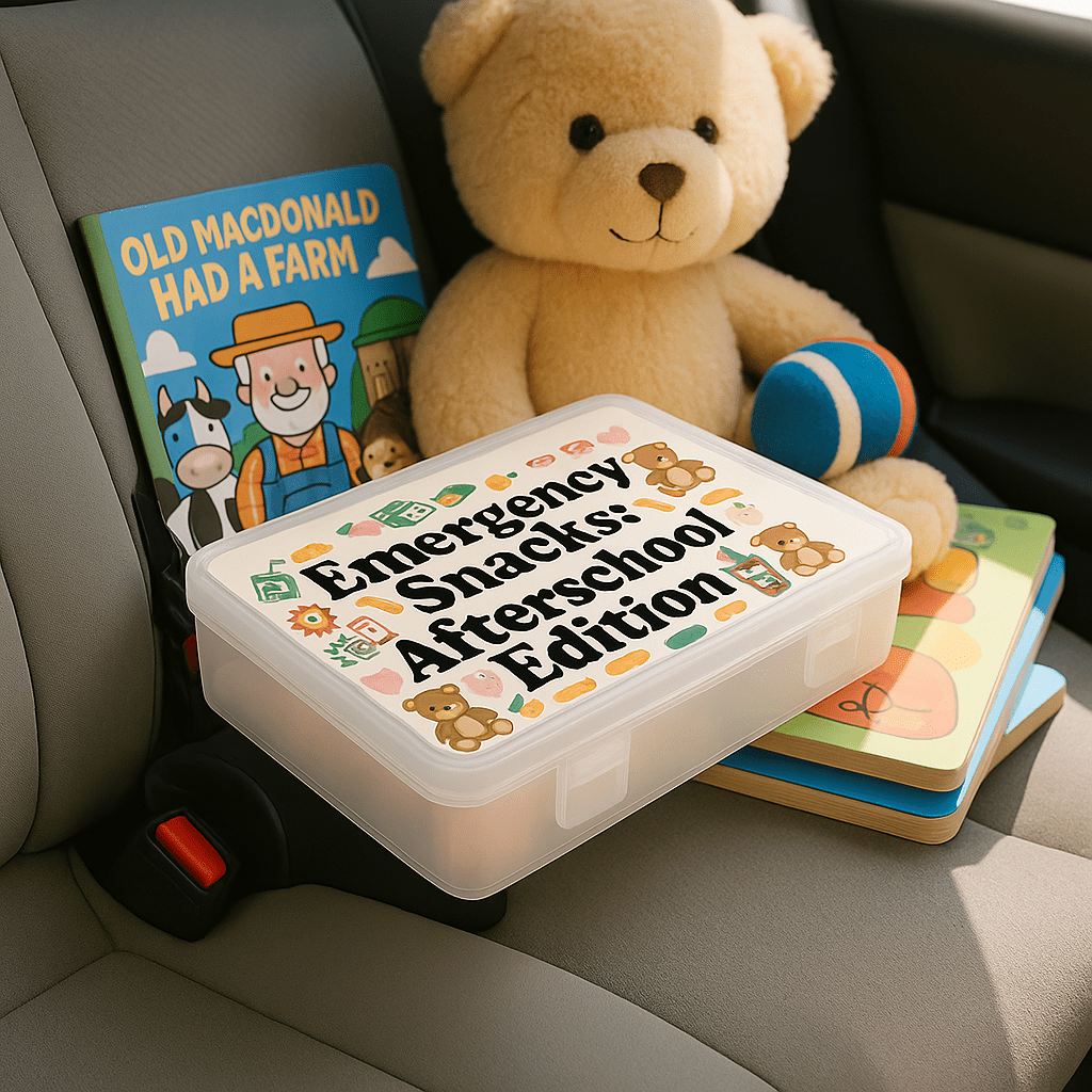 On the back seat of a car sit a teddy bear, colorful children's books, and the Mirabilia Boutique Afterschool Snackbox for Kids | Emergency Snacks Organizer.