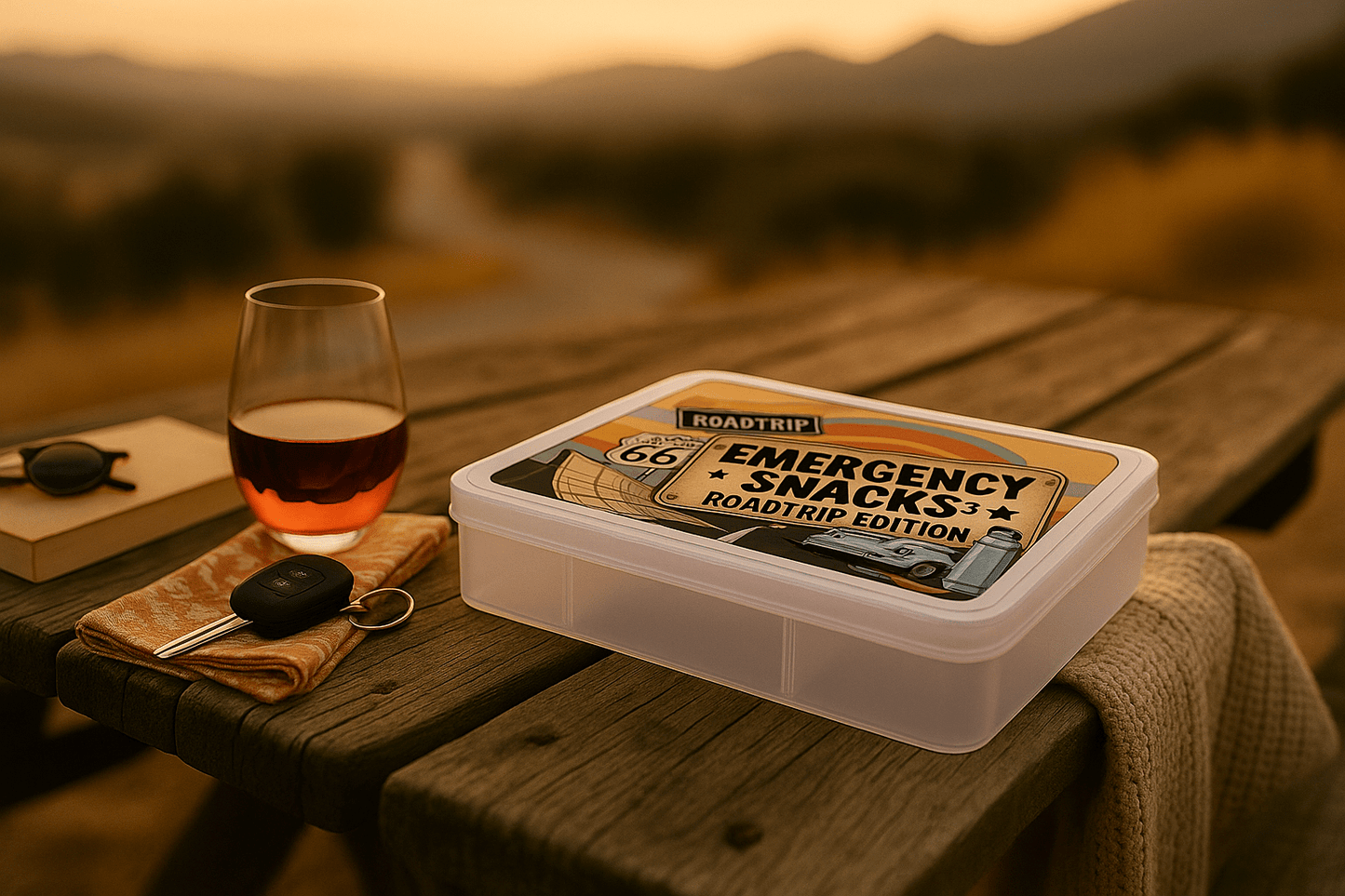 The Mirabilia Boutique Roadtrip Snackbox for Adults | Emergency Snacks Travel Kit sits on a picnic table with rosé, car keys, sunglasses, and a cloth at sunset—your perfect scenic travel companion for any adventure.