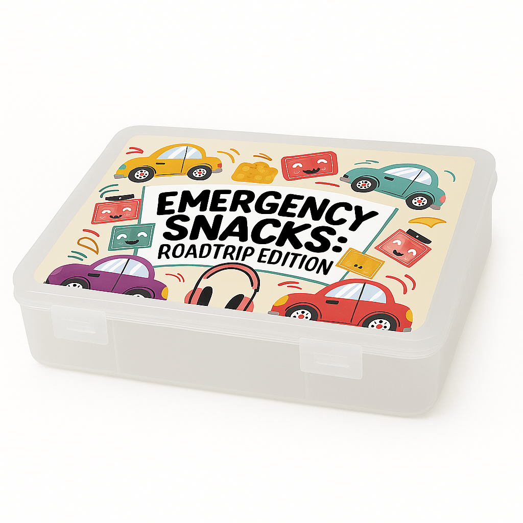 The Mirabilia Boutique Toddler Snackbox "Emergency Snacks Roadtrip Edition for Kids" features a fun lid with cartoon cars and snacks—perfect for organizing travel treats or as a cheerful snackbox for toddlers on any adventure.
