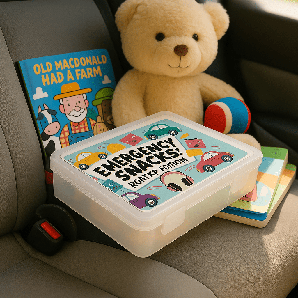 A Mirabilia Boutique Toddler Snackbox | Emergency Snacks Roadtrip Edition for Kids sits on a car seat alongside a teddy bear, colorful ball, and children’s books—perfect for organized snacks on the go.