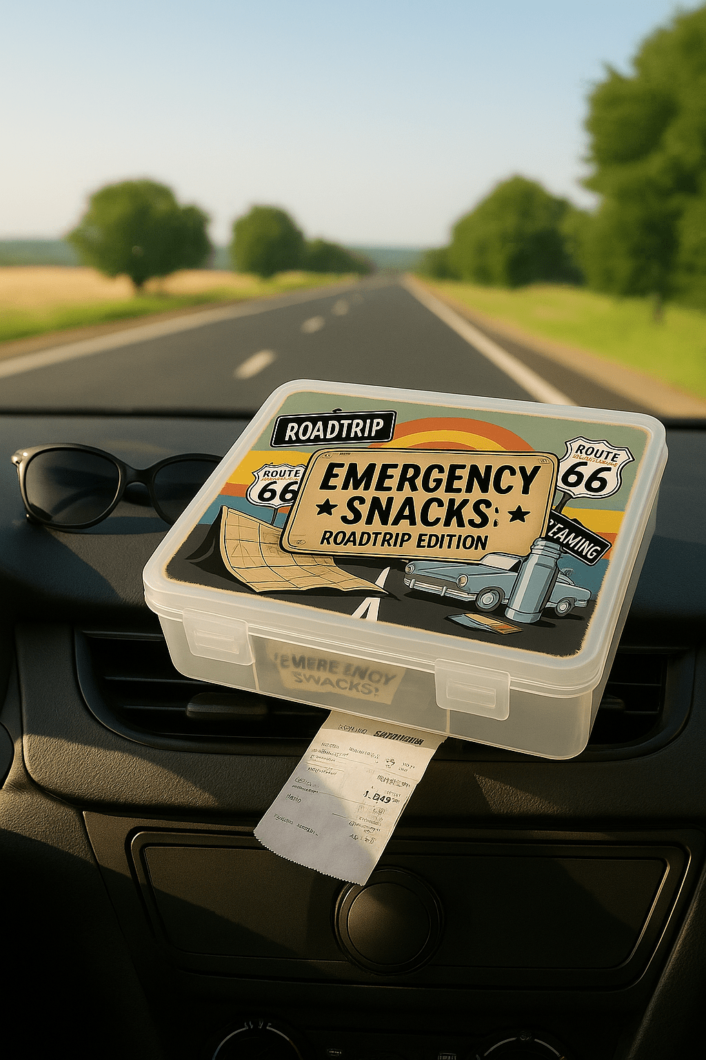 The Mirabilia Boutique Roadtrip Snackbox for Adults | Emergency Snacks Travel Kit rests on the dashboard next to sunglasses and a receipt, ready to be your travel companion as you drive down a scenic, empty road.