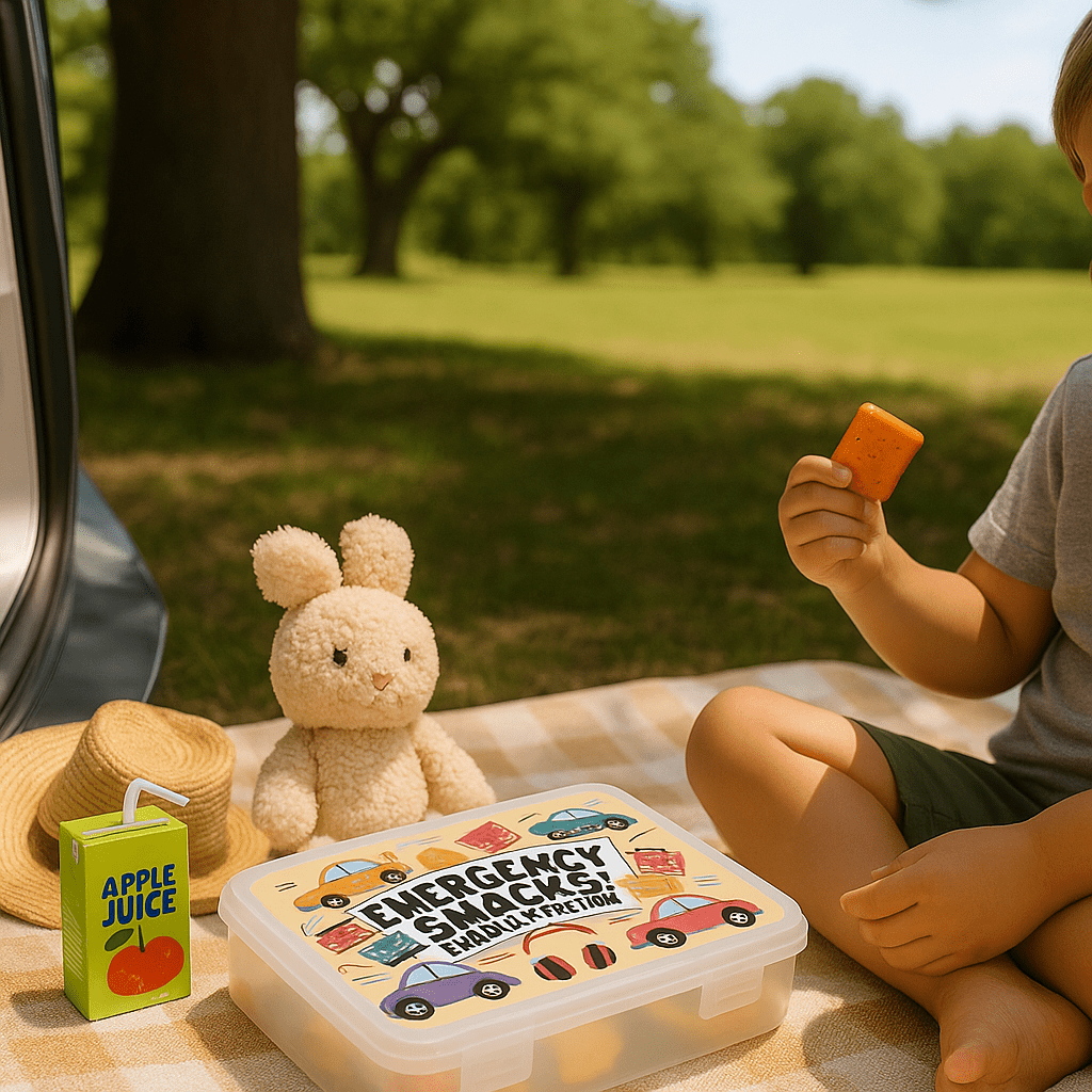 A child sits on a picnic blanket in the park, holding a snack. Beside them are a juice box, plush bunny, and Mirabilia Boutique's Toddler Snackbox | Emergency Snacks Roadtrip Edition for Kids—ideal for travel snack organization.