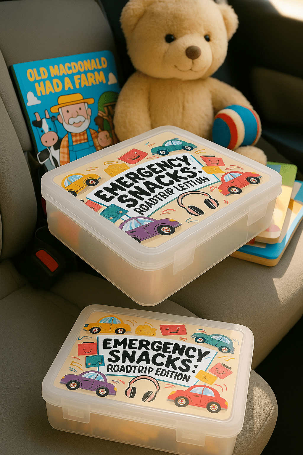 A car seat holds a teddy bear, a colorful "Old MacDonald Had a Farm" book, a ball, and two Mirabilia Boutique Toddler Snackboxes labeled "Emergency Snacks Roadtrip Edition," keeping roadtrip snacks organized and travel-ready.