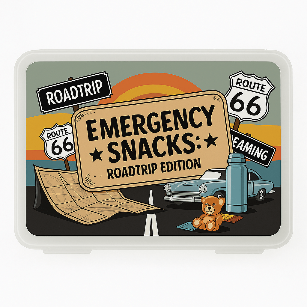 The Mirabilia Boutique Roadtrip Snackbox for Adults | Emergency Snacks Travel Kit features a vibrant sunset design with road, map, vintage car, water bottle, teddy bear, and Route 66 signs—the perfect travel companion.