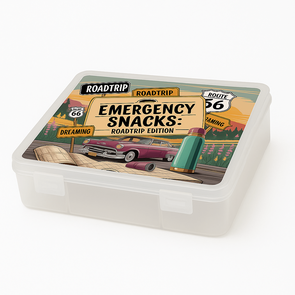 Mirabilia Boutique's Roadtrip Snackbox for Adults—an Emergency Snacks Travel Kit—boasts Route 66 and roadtrip graphics like a vintage car and map, making it the perfect reusable companion for tasty snacks on your next adventure.