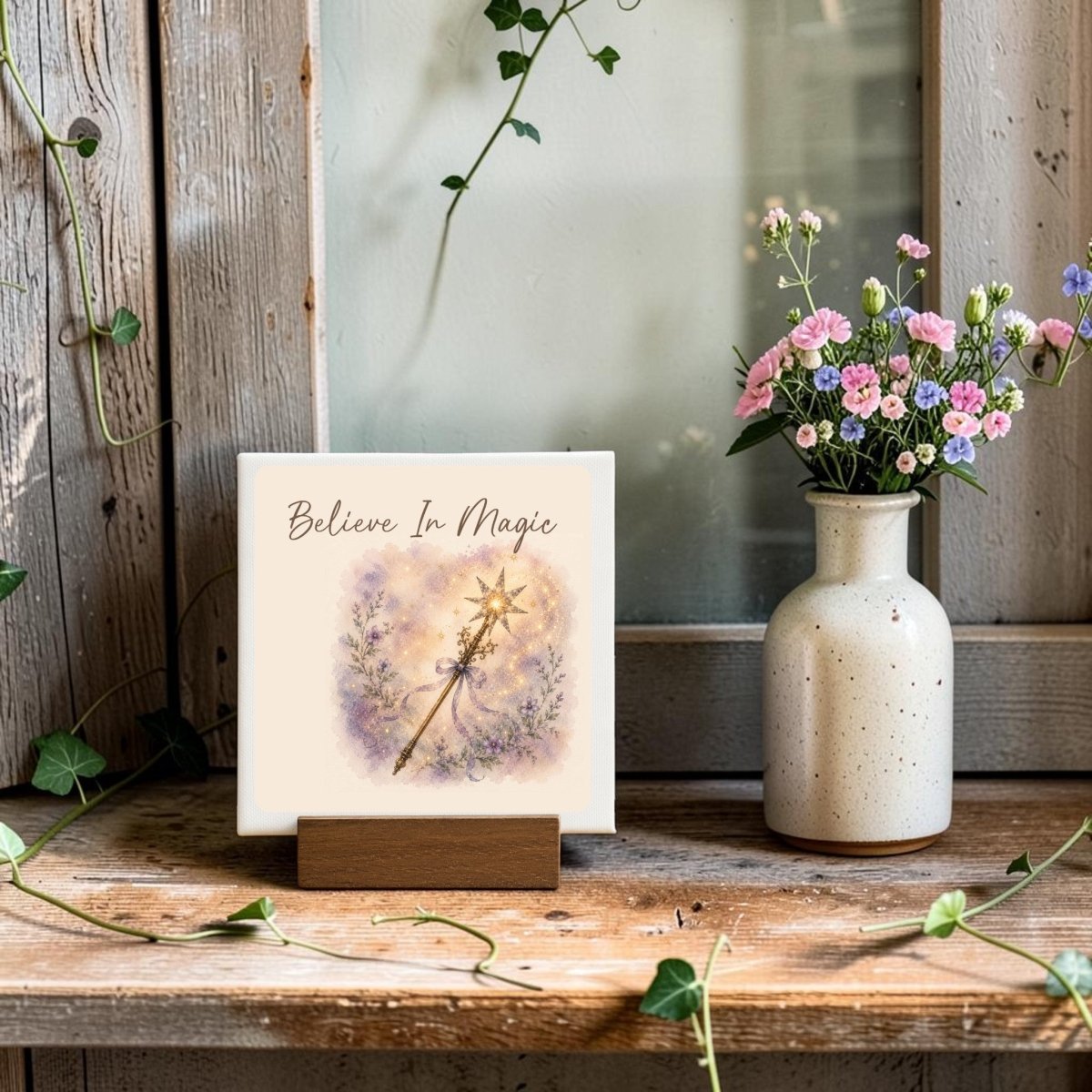 A decorative Believe In Magic Mini Canvas Sign by Mirabilia Boutique, featuring the phrase "Believe In Magic" with a charming fairy wand illustration, rests on a wooden stand beside a vase of pink and purple flowers, creating enchanting watercolor floral decor atop a rustic wooden surface.