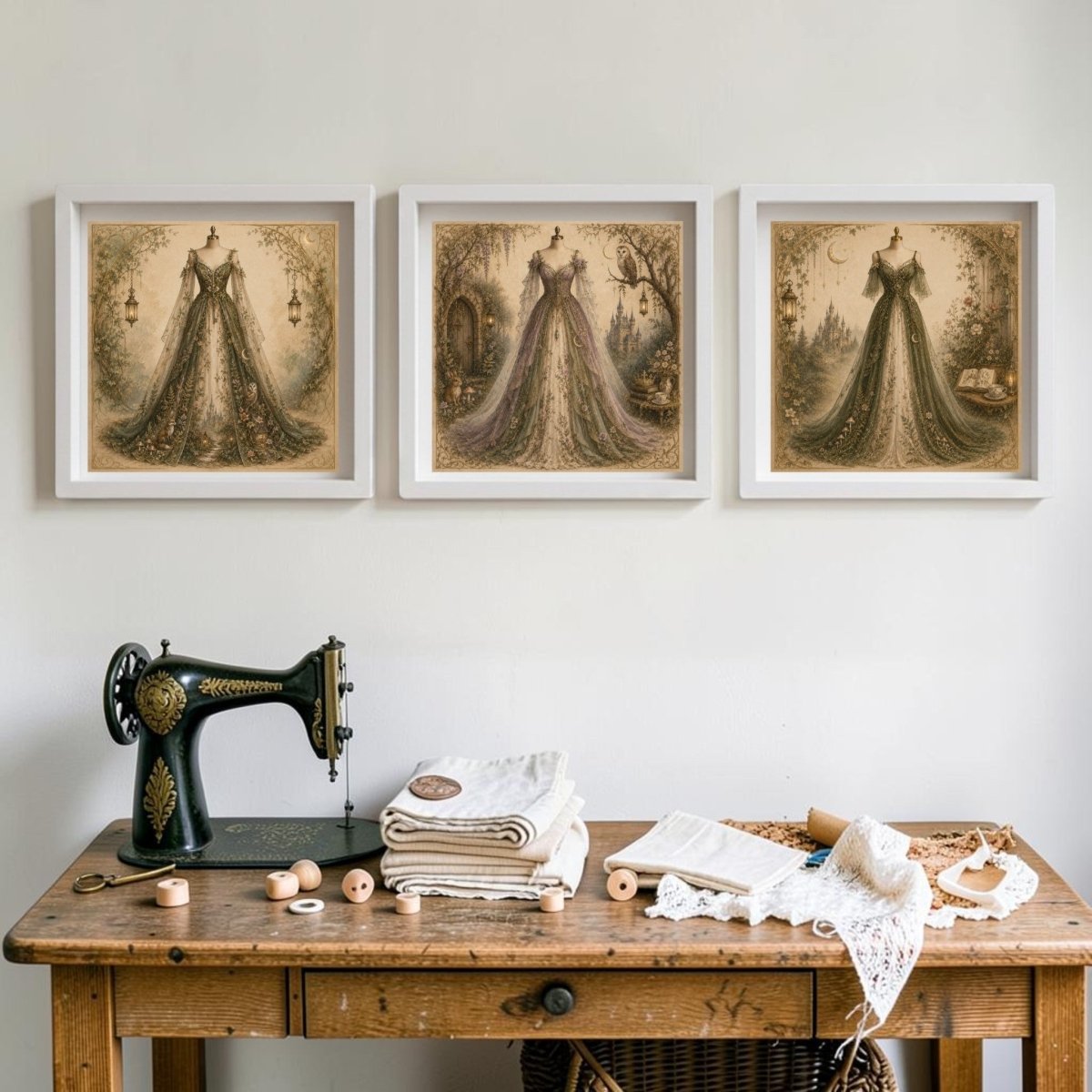 A vintage sewing table adorned with a sewing machine, fabrics, and spools sits beneath Mirabilia Boutique’s Enchanted Hollow | Curated Couture Artwork—an exquisite collection of ornate dress designs displayed in elegant frames against a white wall.