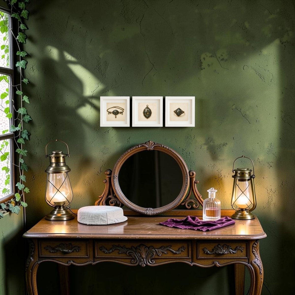 A vintage vanity table with mirror is adorned with two lanterns, a perfume bottle, a jewelry box, and a cloth. Above, three framed canvases from The Woodland Reliquary | Mirabilia Relics Trio by Mirabilia Boutique decorate the green textured wall. Sunlight and ivy streaming through the left window enhance the enchanting ambiance surrounding these woodland relics.