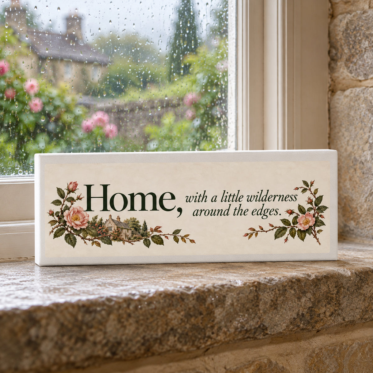 A Home & Wilderness Canvas Shelf Sitter rests on a stone windowsill, displaying the text “Home, with a little wilderness around the edges” surrounded by illustrations of wild roses and an English stone cottage.