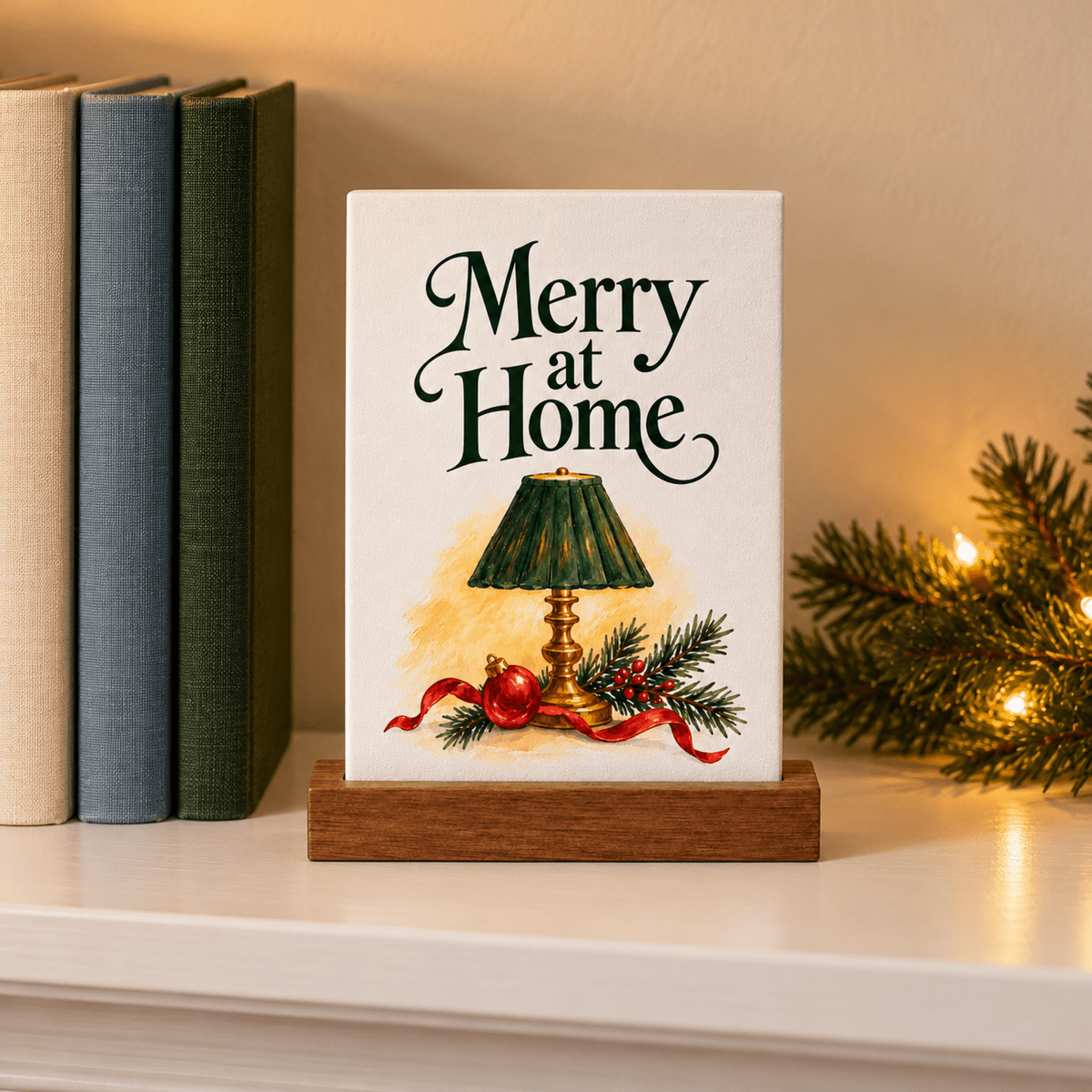 Merry at Home Christmas Mini Sign on a wooden stand featuring the words “Merry at Home” above a painting of a green lamp, a red ornament, and pine branches.