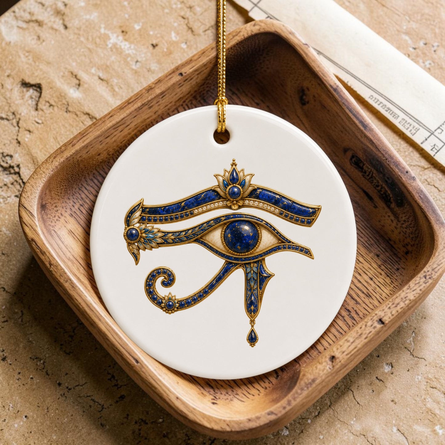 The Eye of Horus Ornament | Egyptian Ceramic Ornament by Mirabilia Boutique features a detailed, jeweled Eye of Horus design in lapis and gold on a round ceramic piece. Resting in a wooden dish atop a textured surface, this striking Ancient Egyptian symbol comes with an attached gold string for easy hanging.