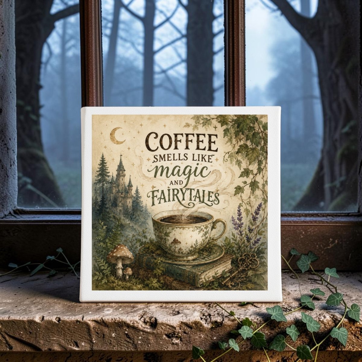 A Coffee Smells Like Magic Coffee Bar Shelf Sitter by Mirabilia Boutique sits on the windowsill, adorned with whimsical art of a coffee cup, mushrooms, books, and a forest—an ideal piece of enchanted coffee decor or a charming cottagecore sign. Through the window, mist drapes the wooded landscape outside, enhancing the cozy ambiance.