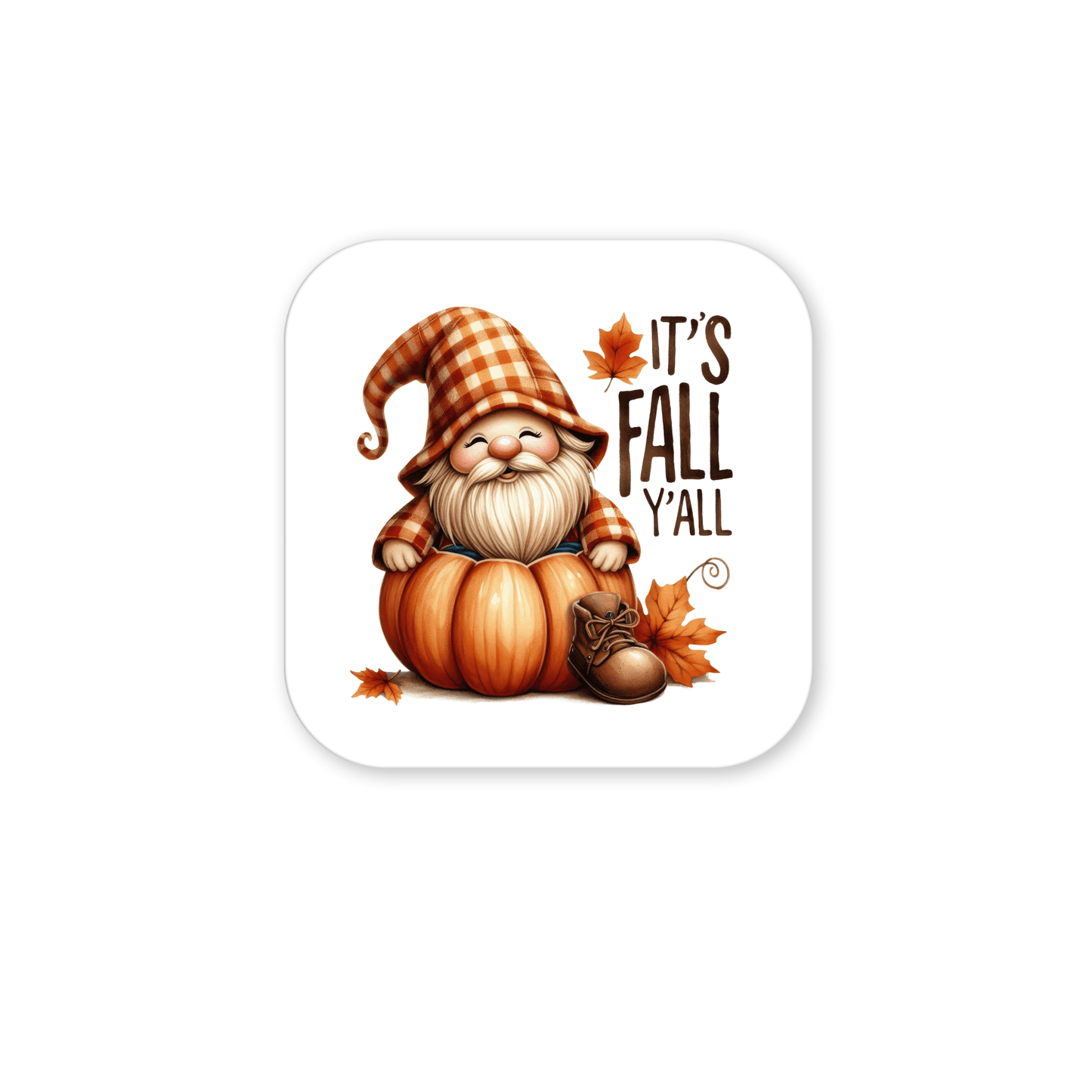 The Fall Gnome Magnet by Mirabilia Boutique features a gnome in an orange plaid hat with pumpkins and autumn leaves, plus the text “It’s Fall Y’all.” Add cozy farmhouse charm to your fridge with this autumn decor!.