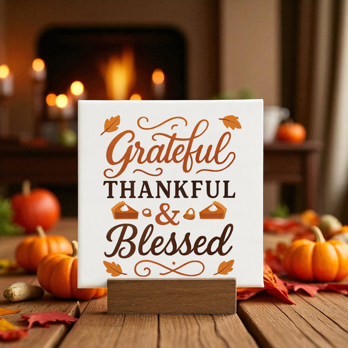 The Grateful Thankful Blessed Mini Sign by Mirabilia Boutique adds autumn charm to your table, surrounded by pumpkins and fall leaves for festive decor—perfect for cozy homes this season.