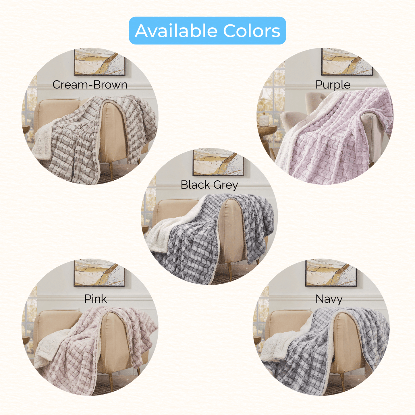 Five Mirabilia Boutique Custom Fall Throw Blankets are shown in Cream-Brown, Purple, Black Grey, Pink, and Navy—each with a textured pattern and soft lining. Color labels highlight these cozy autumn gifts for home.