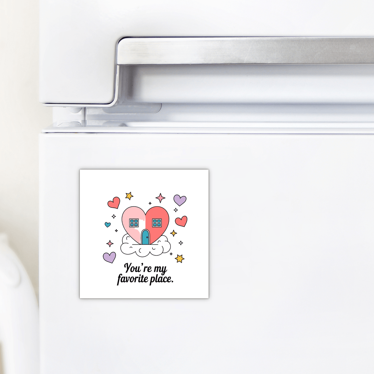 Mirabilia Boutique’s Heart House Magnet features a heart-shaped house on a cloud with hearts, stars, and the phrase "You’re My Favorite Place." A sentimental gift to show your love.