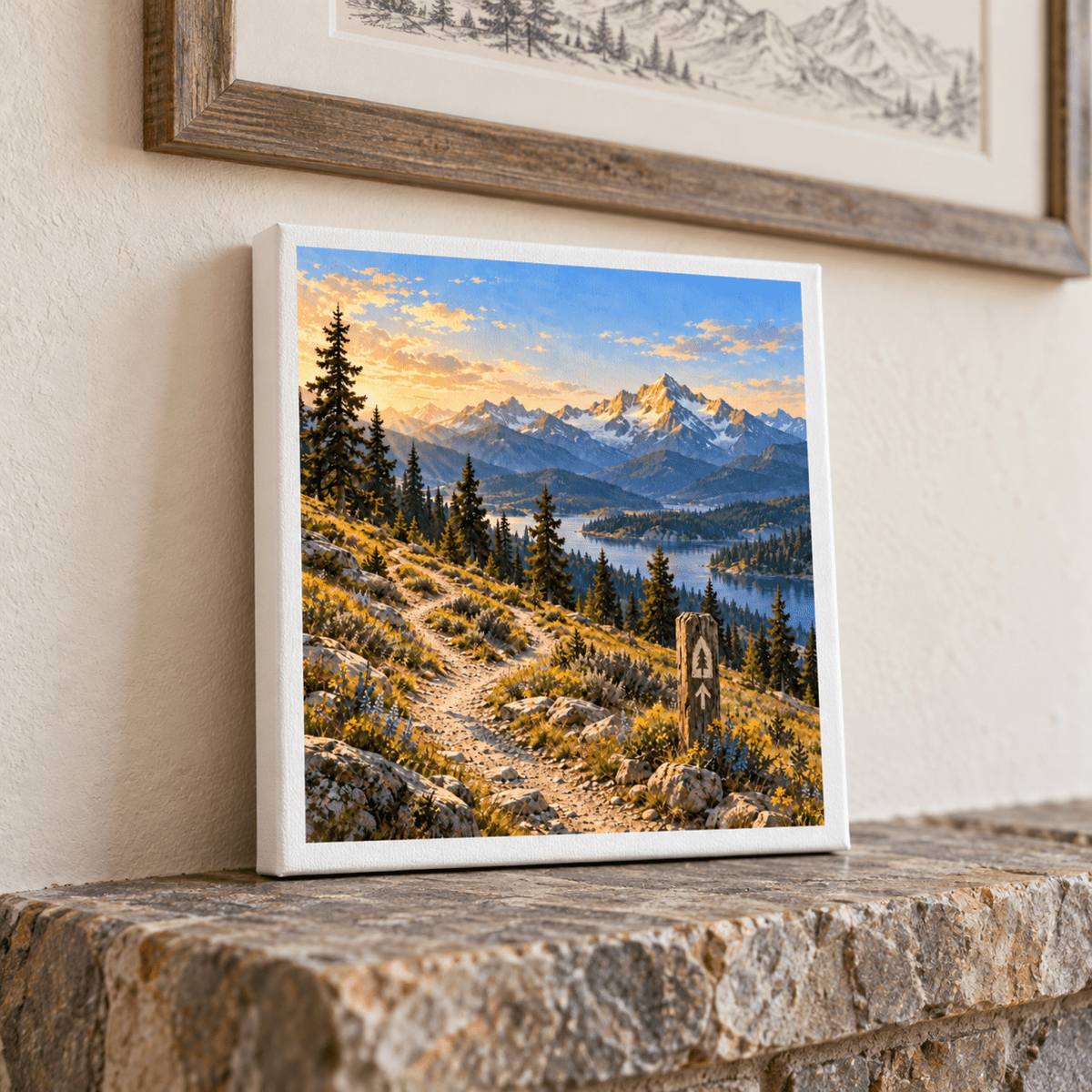 First Light at Trailhead Ridge Canvas displayed alongside a wooden trail marker on a stone mantel, featuring an alpine lake painting of a mountain trail leading toward snowy peaks.