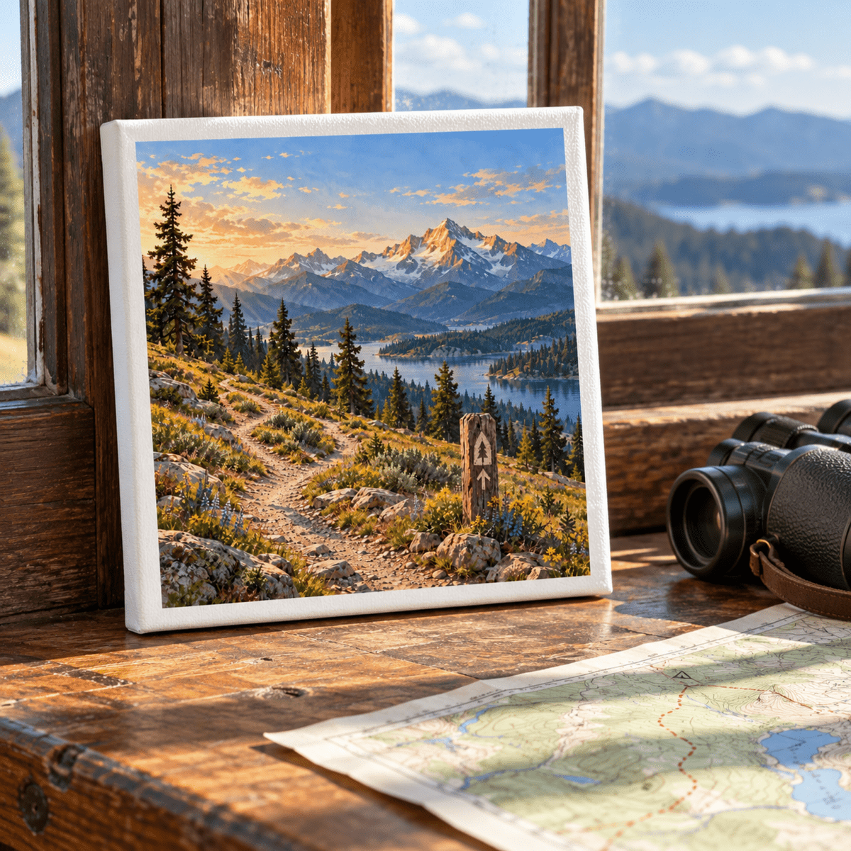 First Light at Trailhead Ridge Canvas by Mirabilia Boutique displayed on a wooden windowsill next to binoculars and a topographic map, featuring a sunlit mountain trail and alpine lake.