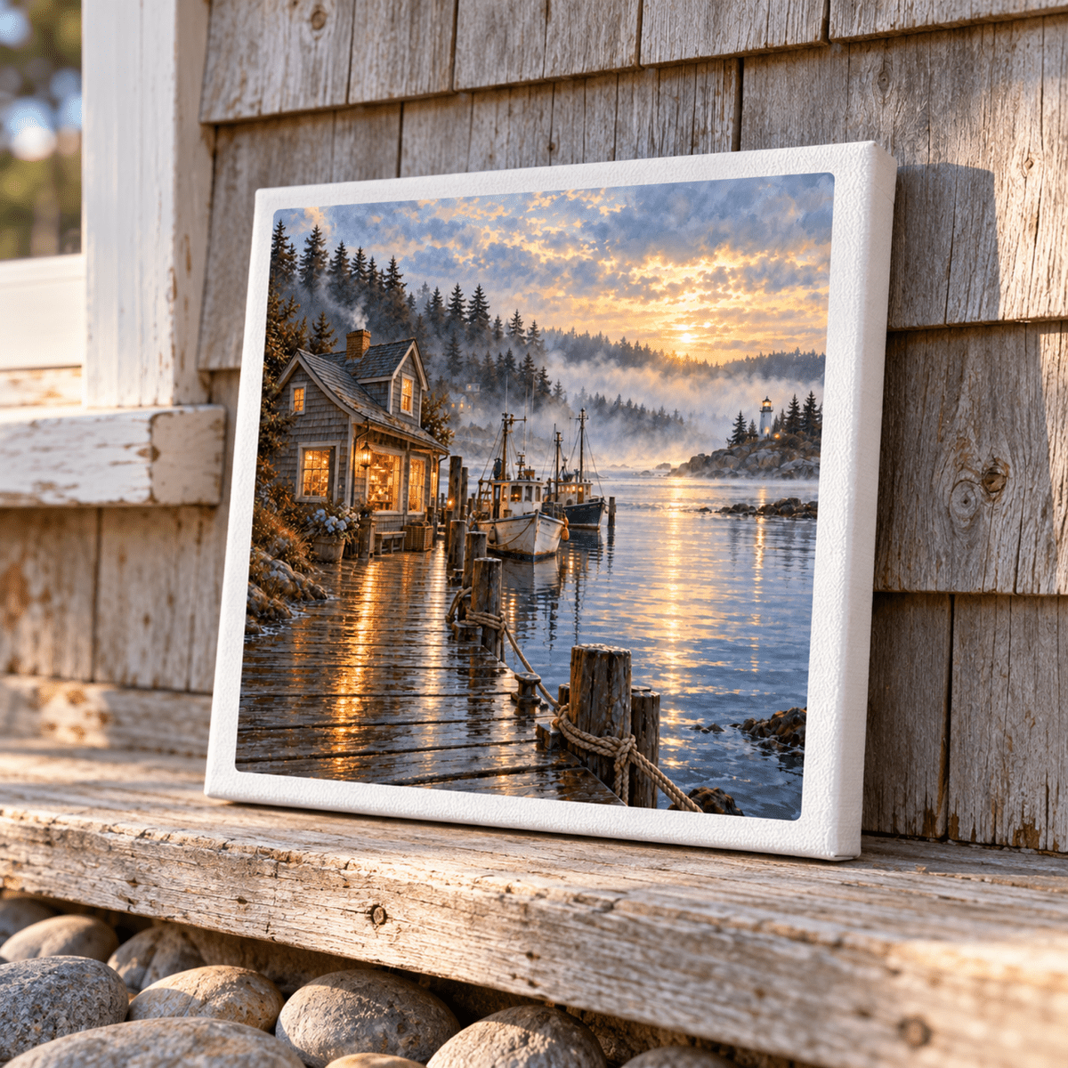 A Harbor Before Town Wakes Canvas by Mirabilia Boutique, showing a coastal cottage and fishing boats on a wooden dock at sunrise, leaning against a weathered wall.