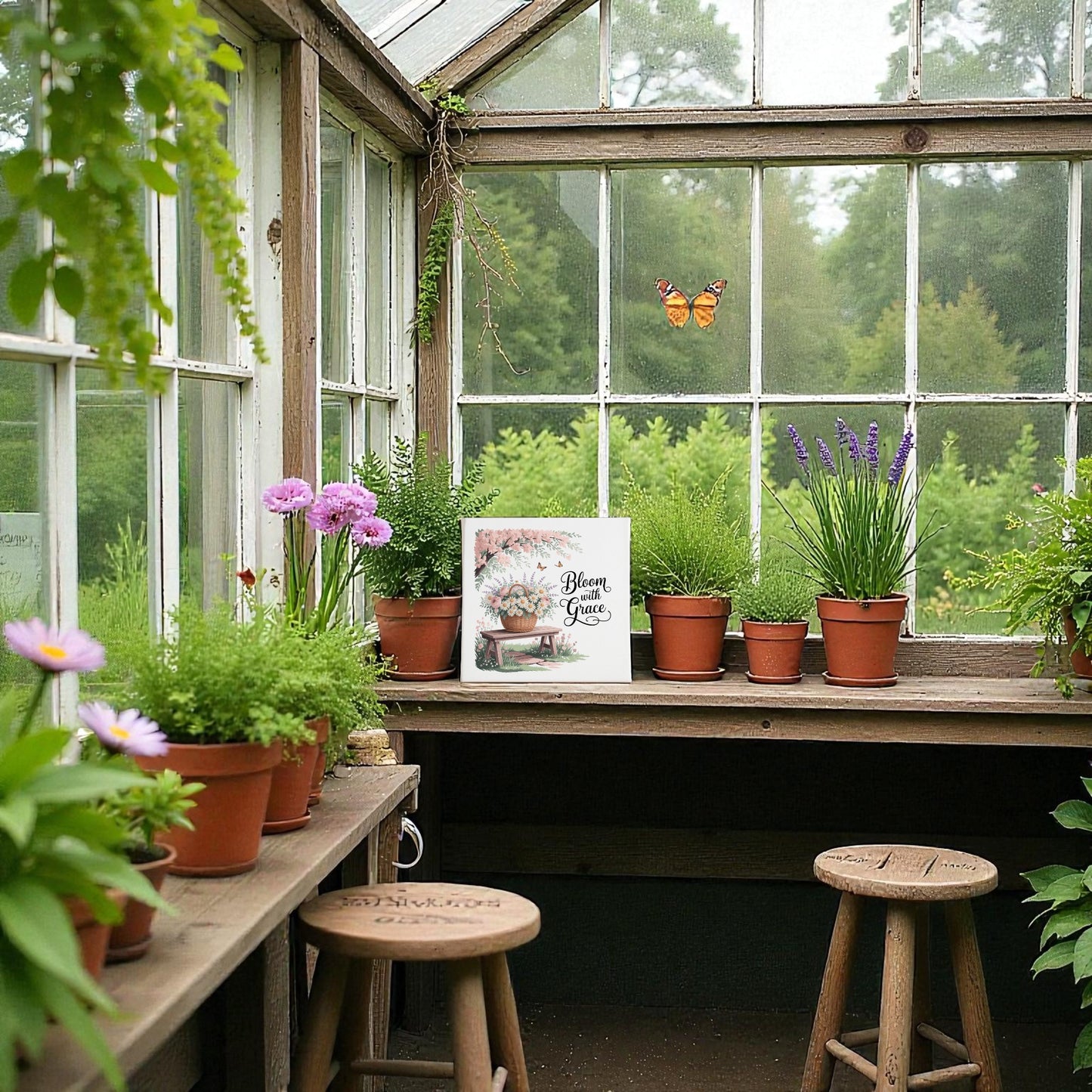 A cozy greenhouse with potted flowers, herbs, and vintage decor features Mirabilia Boutique’s “Bloom with Grace Floral Canvas Wall Art” on the wall. Wooden stools and large windows overlook a lush garden as a butterfly hovers by the glass.
