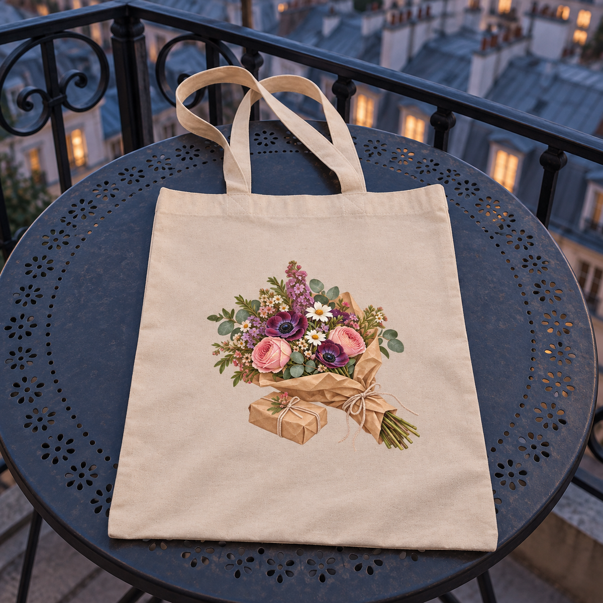 Market Morning Tote Bag | Paris Toujours featuring a natural canvas with a centered illustration of a floral bouquet and gift box, resting on a round metal table overlooking a city street.