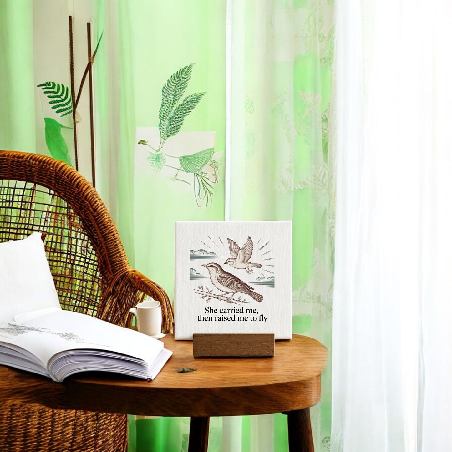 A cozy nook with a wicker chair, wooden table, cup, and the Raised Me to Fly Mini Sign – Mother's Day Bird Canvas by Mirabilia Boutique featuring a mother bird and inspiring words, set against green bird-patterned curtains.